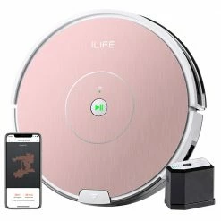 ILIFE A80 Plus Robot Vacuum Cleaner 2 In 1 Vacuuming and Mopping 1000Pa Suction Gyroscopic Navigation Carpet Pressurization 2400mAh Battery 100Mins Run Time 450ml Dust Tank APP Control - Pink