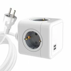 Sopend E04A Multifunctional Powercube Power Strip Socket, EU Plug, 1.5m Extension Cord, 4 Outlets, 2 USB-A Ports - Grey and White