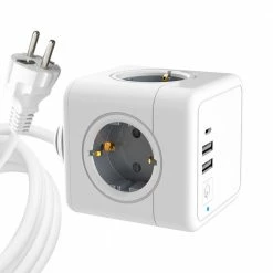 Sopend E04C Powercube Power Strip Socket with Switch, EU Plug, 1.5m Extension Cord, 2 USB-A Ports, 1 USB-C Port - Grey and White