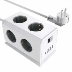 Sopend E08 Powercube Tower Power Strip Socket with Switch, EU Plug, 1.5m Extension Cord, 4 USB Ports, 6 Outlet - Grey