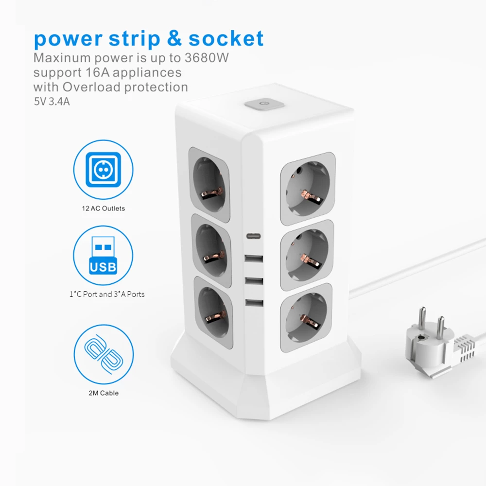 Sopend E11 Vertical Tower Power Strip Socket with EU Plug, 4 USB Ports, 12 AC Outlets Power Socket with 2m Cable - Image 5
