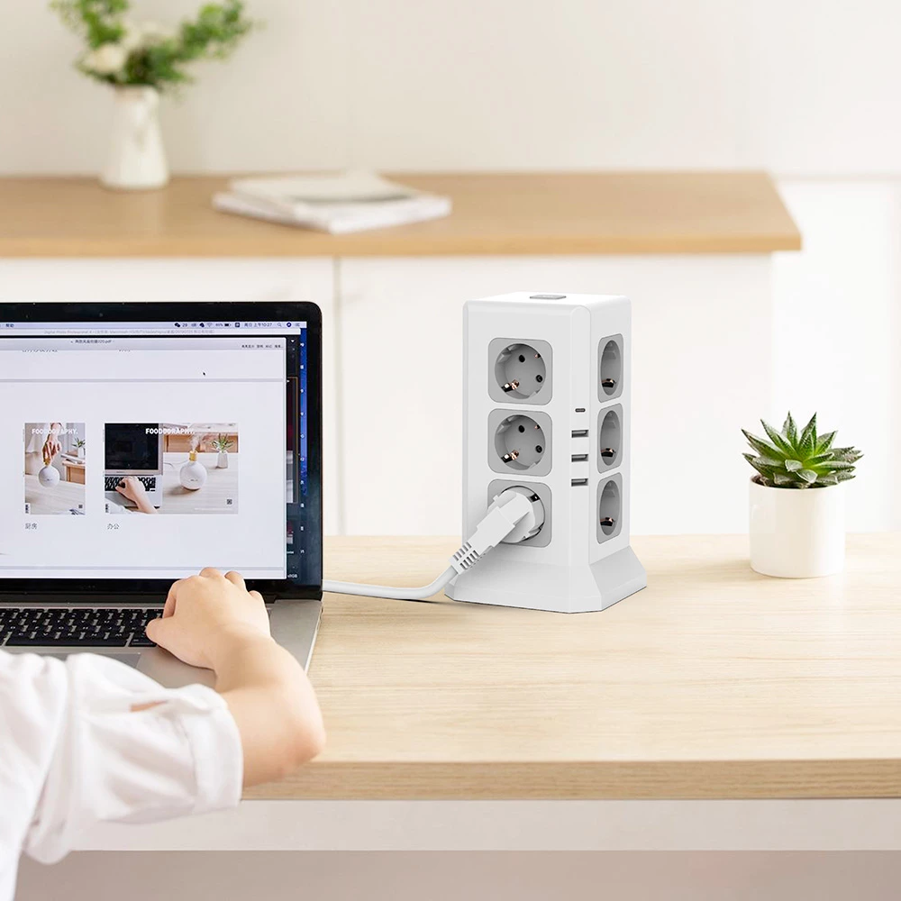 Sopend E11 Vertical Tower Power Strip Socket with EU Plug, 4 USB Ports, 12 AC Outlets Power Socket with 2m Cable - Image 6