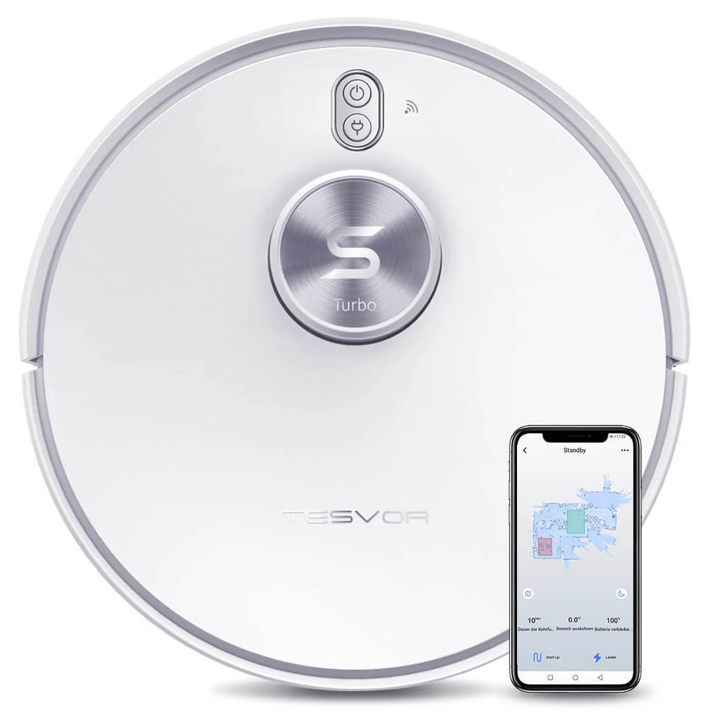 Tesvor S6 Turbo Robot Vacuum Cleaner 2 in 1 Vacuuming Mopping 4000Pa Suction Laser Navigation Automatic Charging 5200mAh Battery for Carpet, Hardwood, Ceramic tile, Linoleum - White