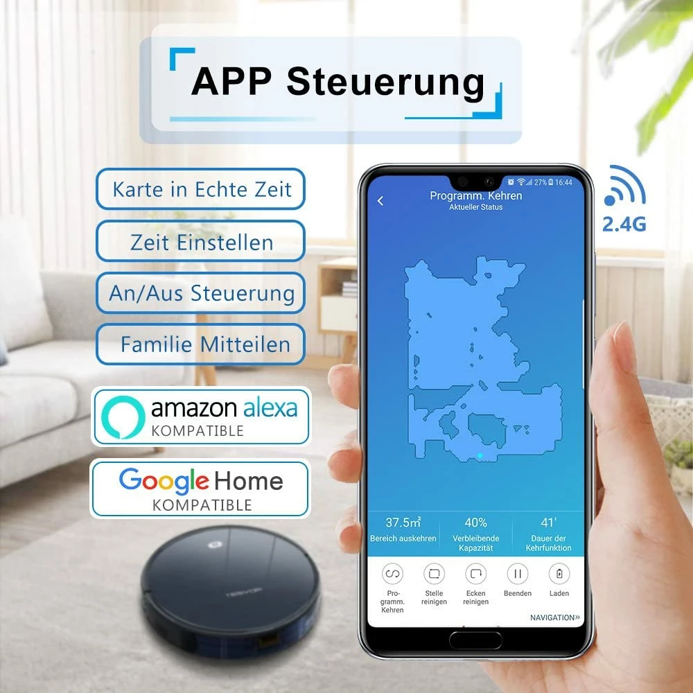 Tesvor X500 Robot Vacuum Cleaner with Real-time Space Map 1800Pa Suction Automatic Charging 600 ml Dust Box, Compatible with APP and Alexa, for Carpet, Hardwood, Ceramic Tile, Linoleum - Black - Image 2