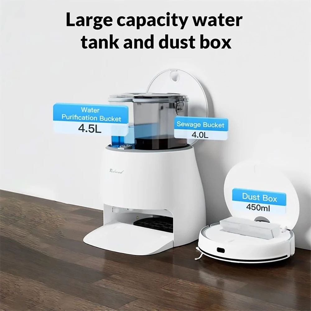 Redroad G10 Self-cleaning Robot Vacuum Cleaner 2800pa Suction High-Frequency Vibrating Mopping Auto Mop Lifting Electrolytic Water Sterilization LDS Navigation TOF Obstacle Avoidance 5200mAh Battery 450ml Dustbin 450ml Water Tank APP Control - White - Image 5
